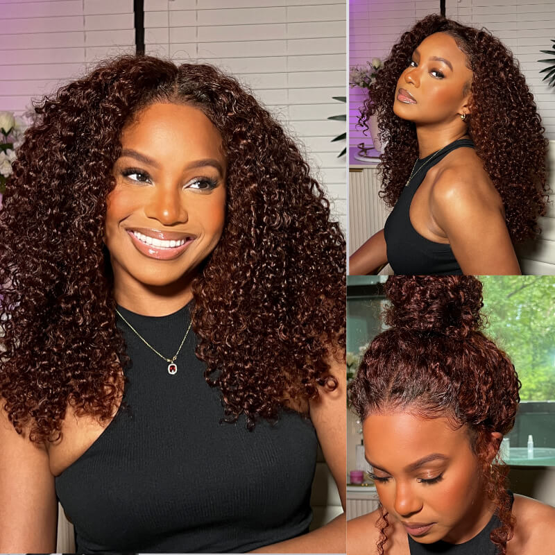 Klaiyi 7x5 Reddish Brown Jerry Curl Put on & Go Wig with Bleach Knots Flash Sale