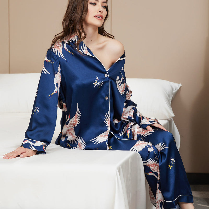 19Momme Women's Silk Crane Print Full Length Pajama Set