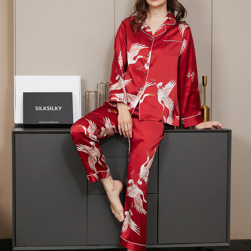 19Momme Women's Silk Crane Print Full Length Pajama Set