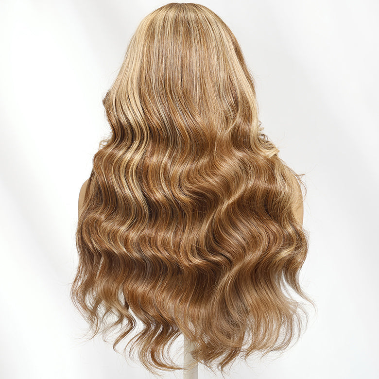 Klaiyi Hair 7x5 Chocolate Brown Highlight Body Wave Glueless Lace Wig with Face Framing Curtain Bangs