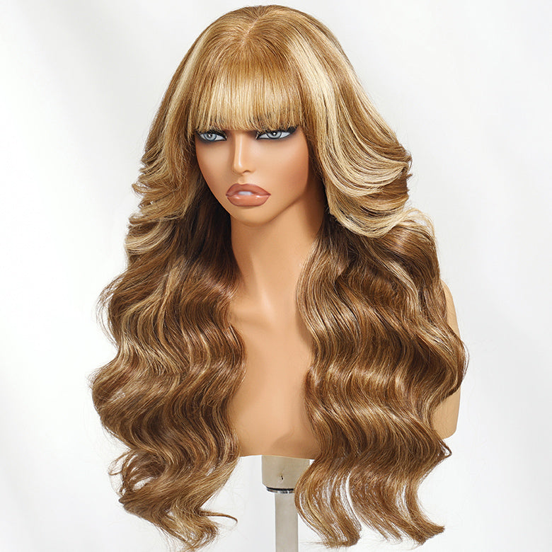 Klaiyi Hair 7x5 Chocolate Brown Highlight Body Wave Glueless Lace Wig with Face Framing Curtain Bangs