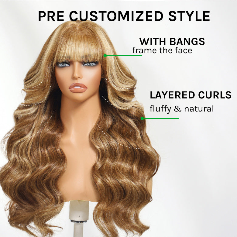Klaiyi Hair 7x5 Chocolate Brown Highlight Body Wave Glueless Lace Wig with Face Framing Curtain Bangs