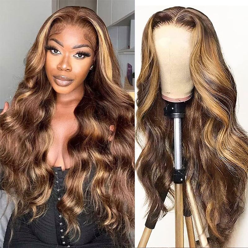 Klaiyi Honey Blonde Highlight Body Wave Human Hair Wigs Lace Closure Wig Flash Sale