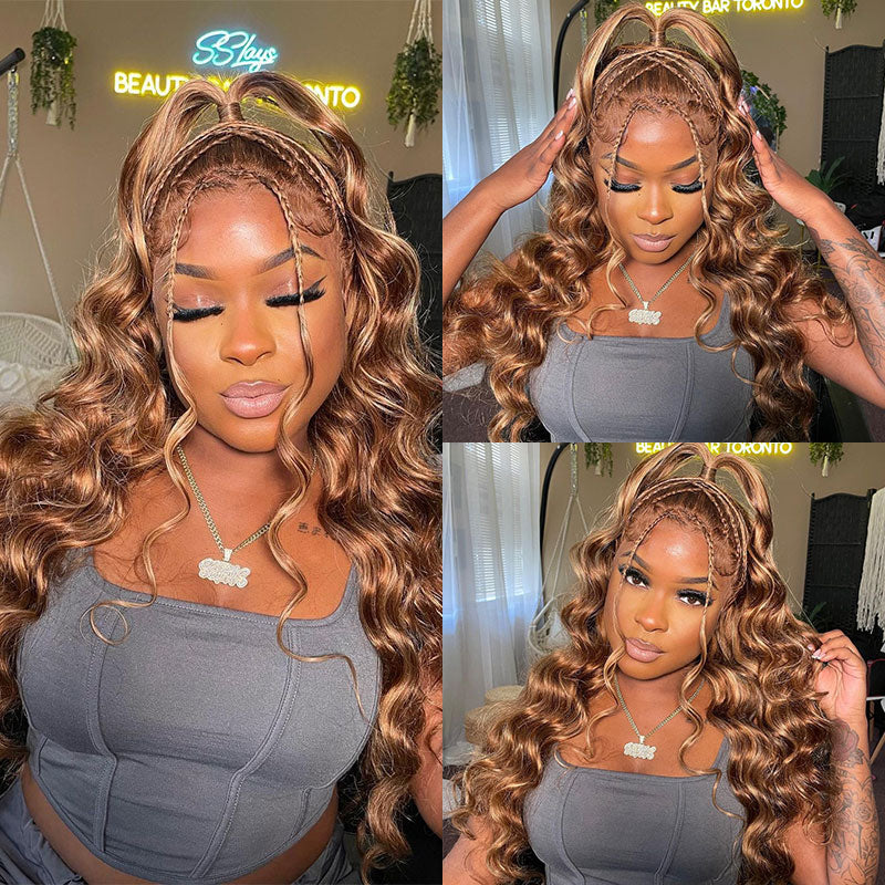 Klaiyi Honey Blonde Highlight Body Wave Human Hair Wigs Lace Closure Wig Flash Sale