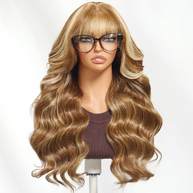Klaiyi Hair 7x5 Chocolate Brown Highlight Body Wave Glueless Lace Wig with Face Framing Curtain Bangs