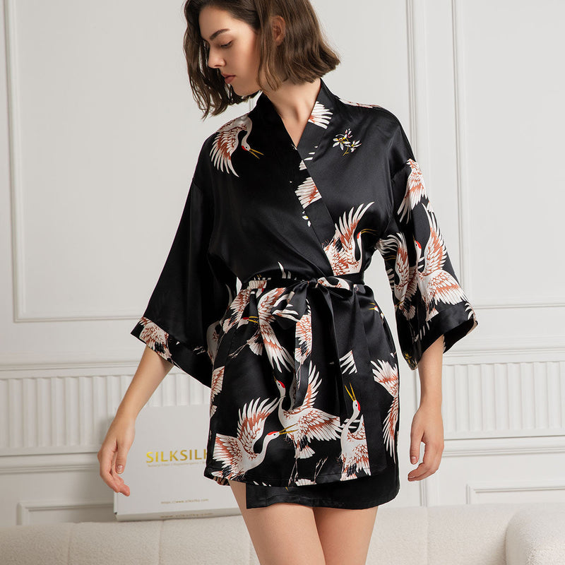 19Momme Women's Silk Crane Print Short Robe