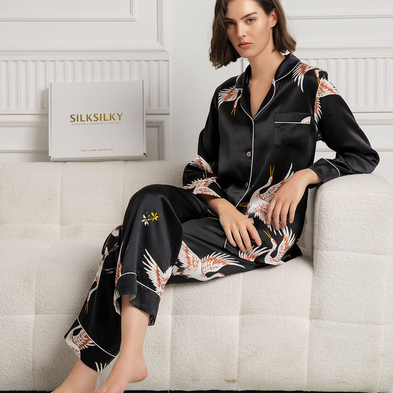 19Momme Women's Silk Crane Print Full Length Pajama Set
