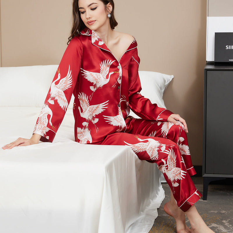 19Momme Women's Silk Crane Print Full Length Pajama Set