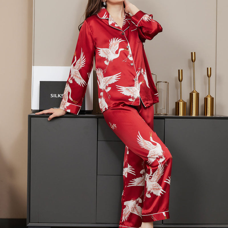 19Momme Women's Silk Crane Print Full Length Pajama Set