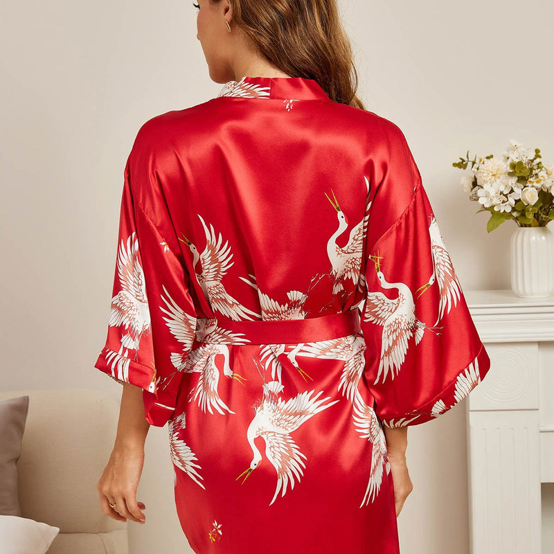 19Momme Women's Silk Crane Print Short Robe