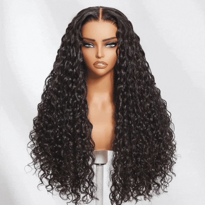 Flash Sale Klaiyi 7x5 Bye Bye Knots Pre-cut Lace Put On and Go Glueless Wig Water Wave Human Hair Wigs