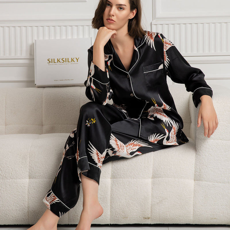 19Momme Women's Silk Crane Print Full Length Pajama Set