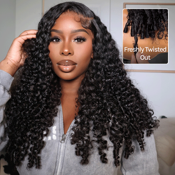 Klaiyi 7x5 Bye Bye Knots Spiral Curls Water Curly Hair with Twist-Out Ends Put on and Go Glueless Wig