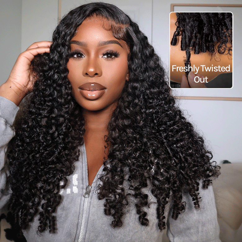 Klaiyi 7x5 Bye Bye Knots Spiral Curls Water Curly Hair with Twist-Out Ends Put on and Go Glueless Wig