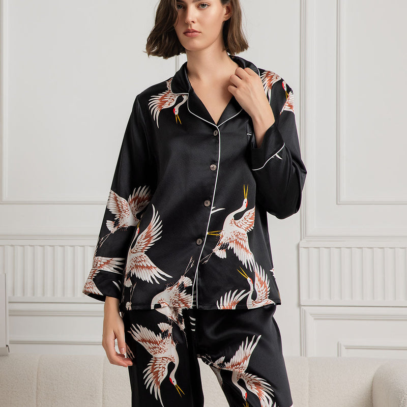 19Momme Women's Silk Crane Print Full Length Pajama Set