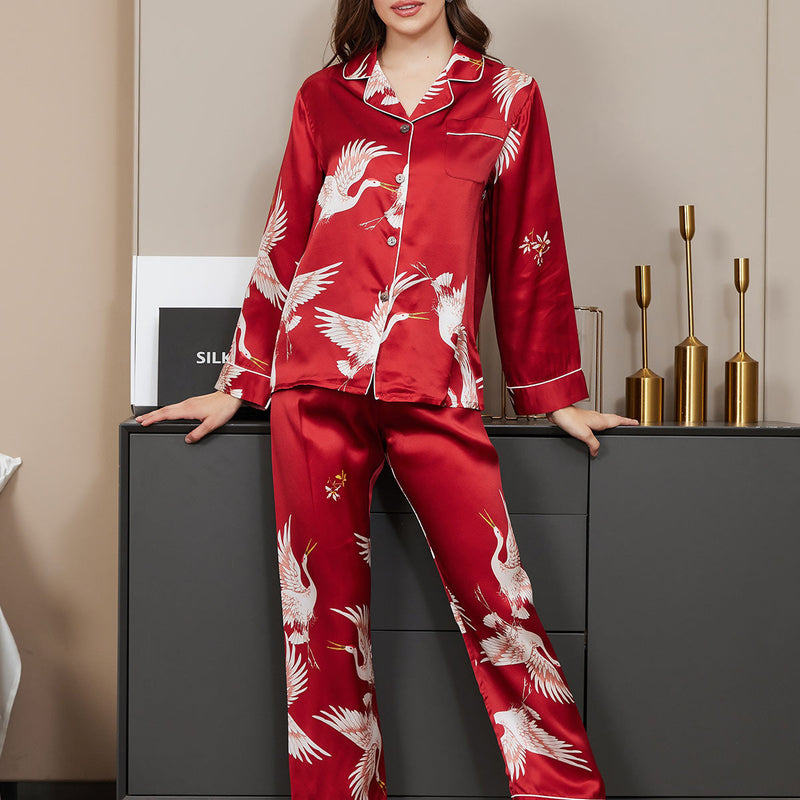19Momme Women's Silk Crane Print Full Length Pajama Set