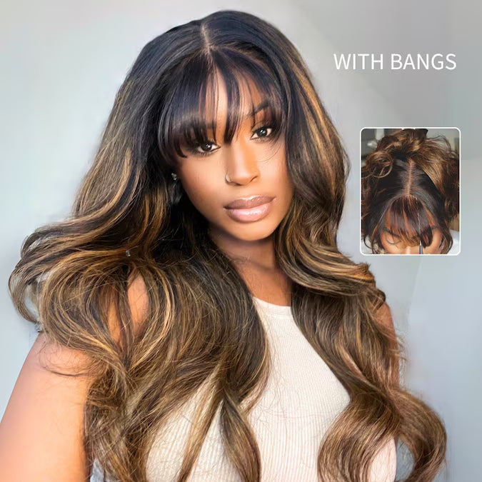 Klaiyi Hair 13x4 Balayage Highlight Wig with Bangs Pre-everything Body Wave Lace Front Human Hair Wigs with Invisi Drawstring Flash Sale