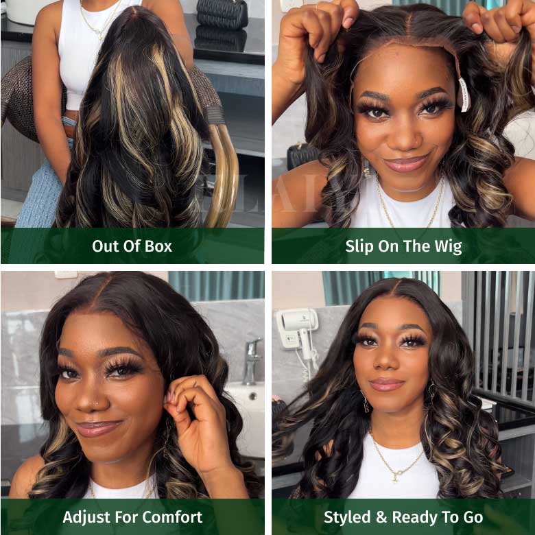 Klaiyi 13x4 Pre everything Glueless Lace Put On and Go Pre-cut Lace  Natural Color With Peek A Boo Blonde Highlights Body Wave Wig Flash Sale