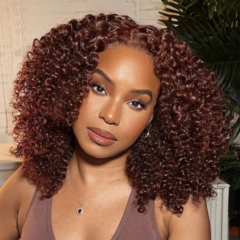 Fast Shipping| Klaiyi Summer Short Curly Bob 7x5 Bye-Bye Knots Lace Wig Side Part Reddish Brown Wig  Flash Sale