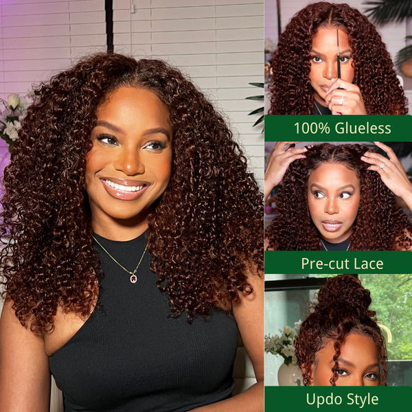 Extra 60% OFF |  Klaiyi Reddish Brown Jerry Curly Put on & Go Glueless Wig with Bleached Knots