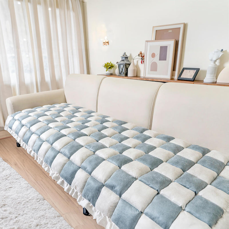 Cream-colored Large Plaid Square Fuzzy Pet Dog Mat Bed Couch Cover