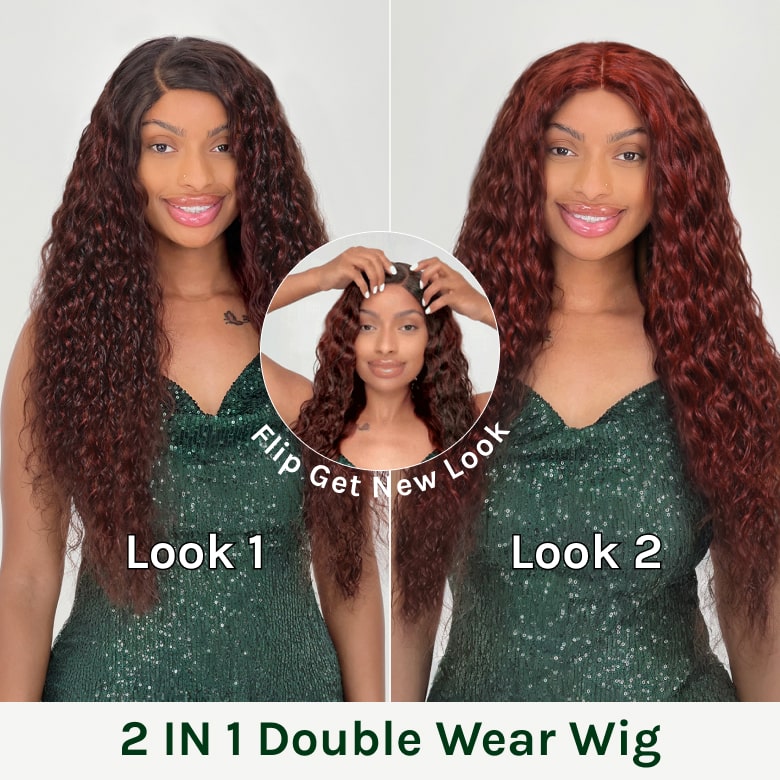 Double Wear Wig|Klaiyi Ombre Black Cherry &Reddish Brown Double Wear Wig Water Wave Flip & Go Fast Transformation 100% Human Hair Flash Sale