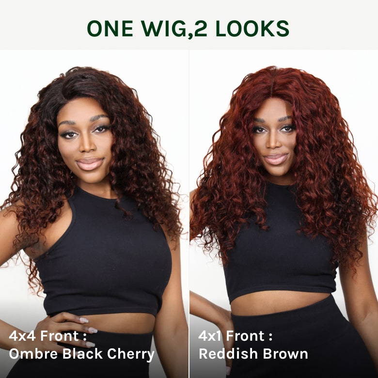 Double Wear Wig|Klaiyi Ombre Black Cherry &Reddish Brown Double Wear Wig Water Wave Flip & Go Fast Transformation 100% Human Hair Flash Sale