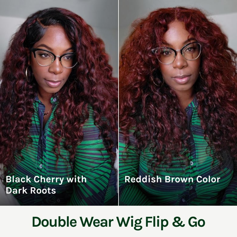 Double Wear Wig|Klaiyi Ombre Black Cherry &Reddish Brown Double Wear Wig Water Wave Flip & Go Fast Transformation 100% Human Hair Flash Sale