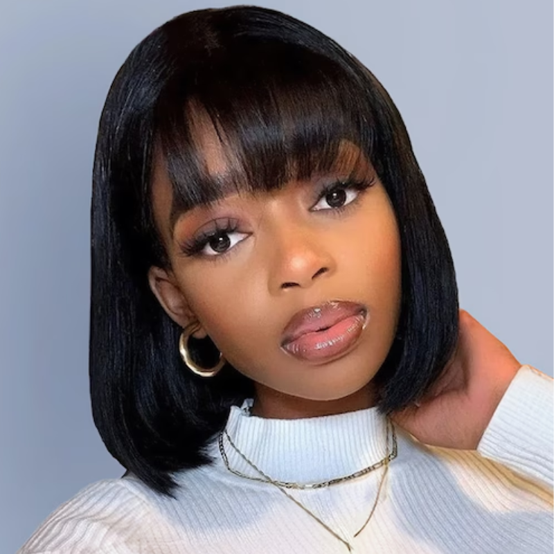 Klaiyi Straight Bob Wig With Blunt Cut Bangs Glueless Human Hair Wig Flash Sale