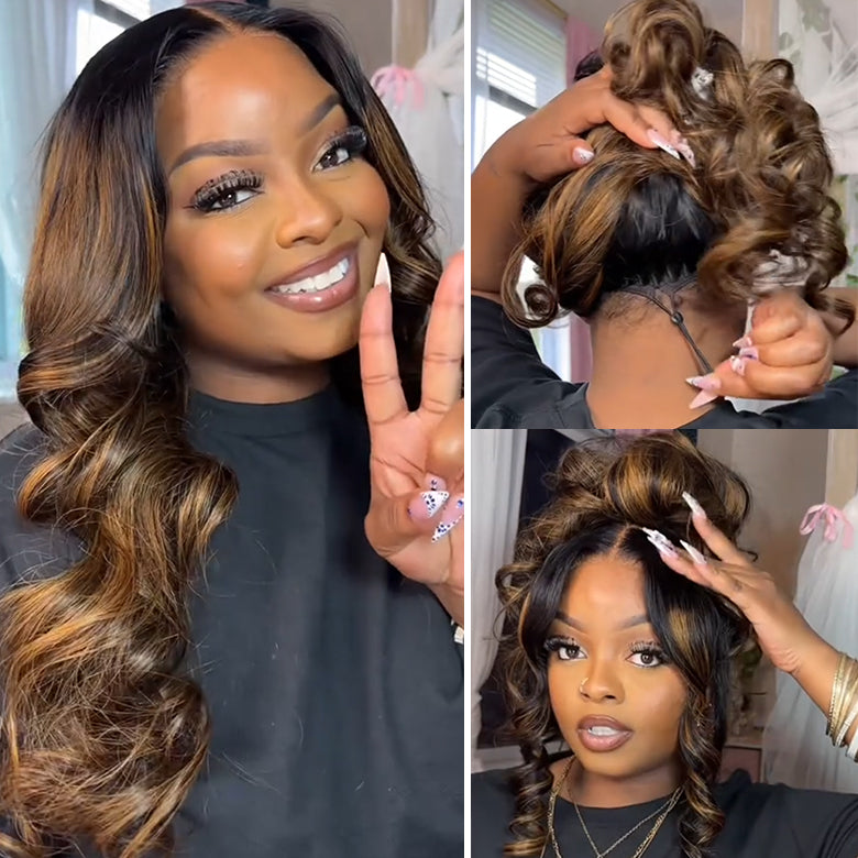 All Wigs Under $100 | Klaiyi Dark Root Brown Balayage Highlight 7x5 Bye Bye Knots Body Wave Lace Front Wig Flash Sale