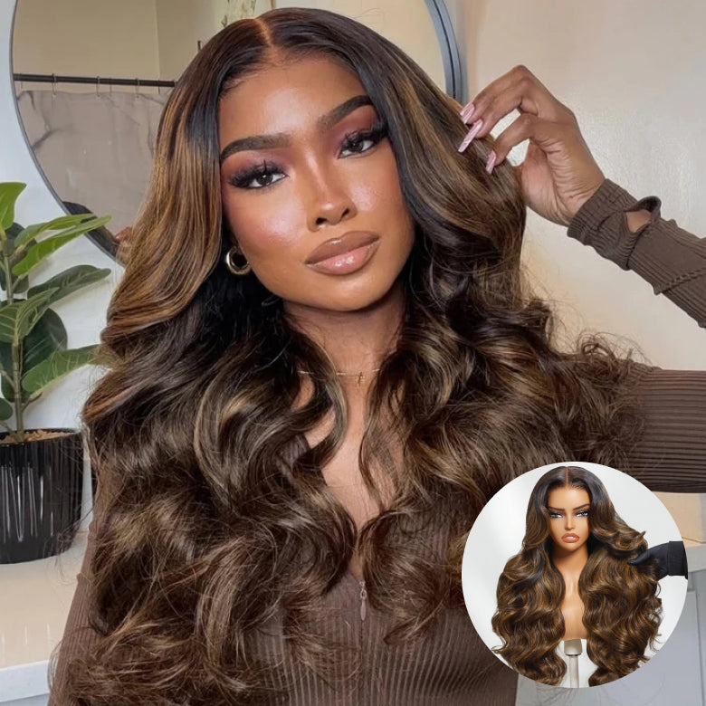 All Wigs Under $100 | Klaiyi Dark Root Brown Balayage Highlight 7x5 Bye Bye Knots Body Wave Lace Front Wig Flash Sale