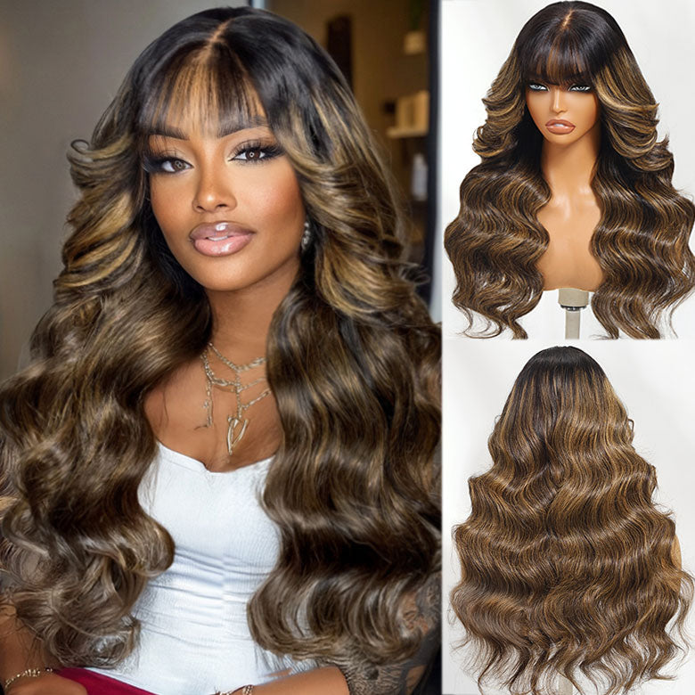 Klaiyi Hair 13x4 Balayage Highlight Wig with Bangs Pre-everything Body Wave Lace Front Human Hair Wigs with Invisi Drawstring Flash Sale