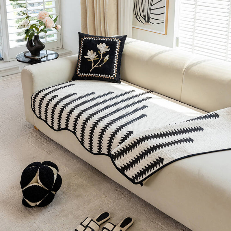 Modern Chevron Stripes Chenille Couch Cover with Wavy Edges