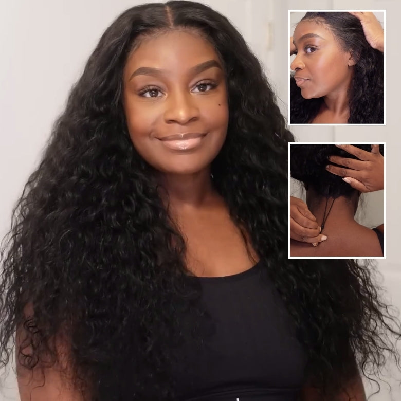 Flash Sale Klaiyi 7x5 Bye Bye Knots Pre-cut Lace Put On and Go Glueless Wig Water Wave Human Hair Wigs