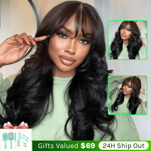 Klaiyi 13x4 /7x5 3D Fluffy Body Wave Lace Frontal Wig with Bangs & Layers Pre everything Wigs Human Hair Flash Sale