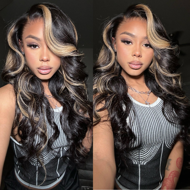 Klaiyi 13x4 Pre everything Glueless Lace Put On and Go Pre-cut Lace  Natural Color With Peek A Boo Blonde Highlights Body Wave Wig Flash Sale