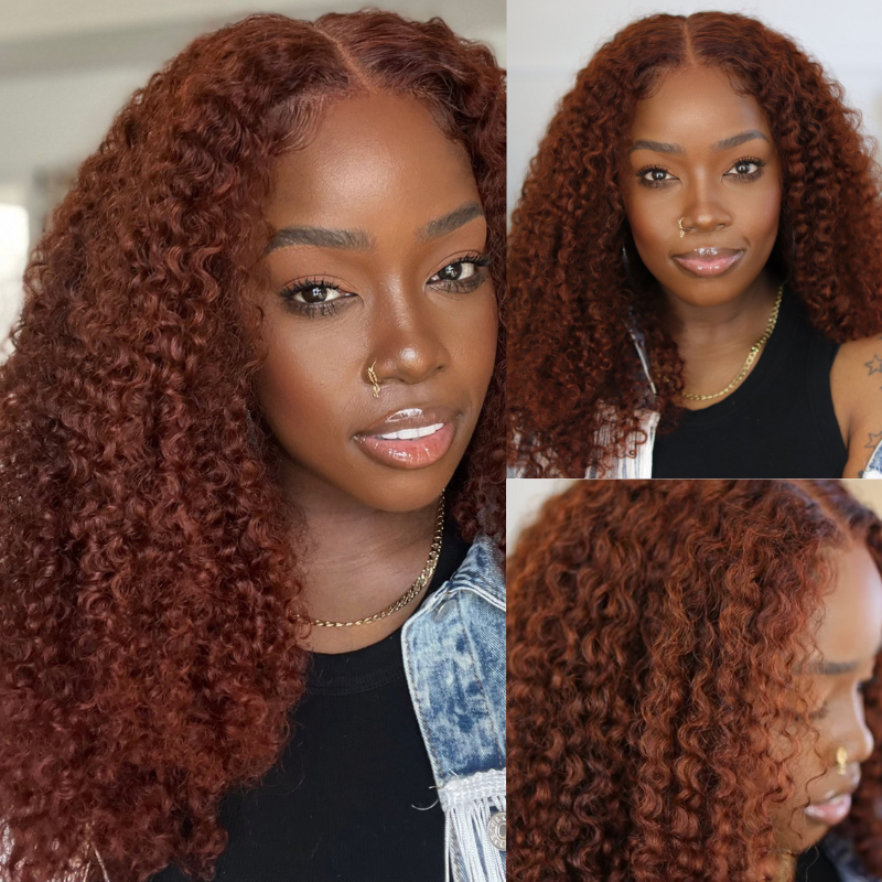 Klaiyi 13x4  Lace Frontal Wig Kinky Curly Auburn Brown Color