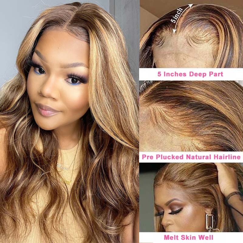 Klaiyi Honey Blonde Highlight Body Wave Human Hair Wigs Lace Closure Wig Flash Sale