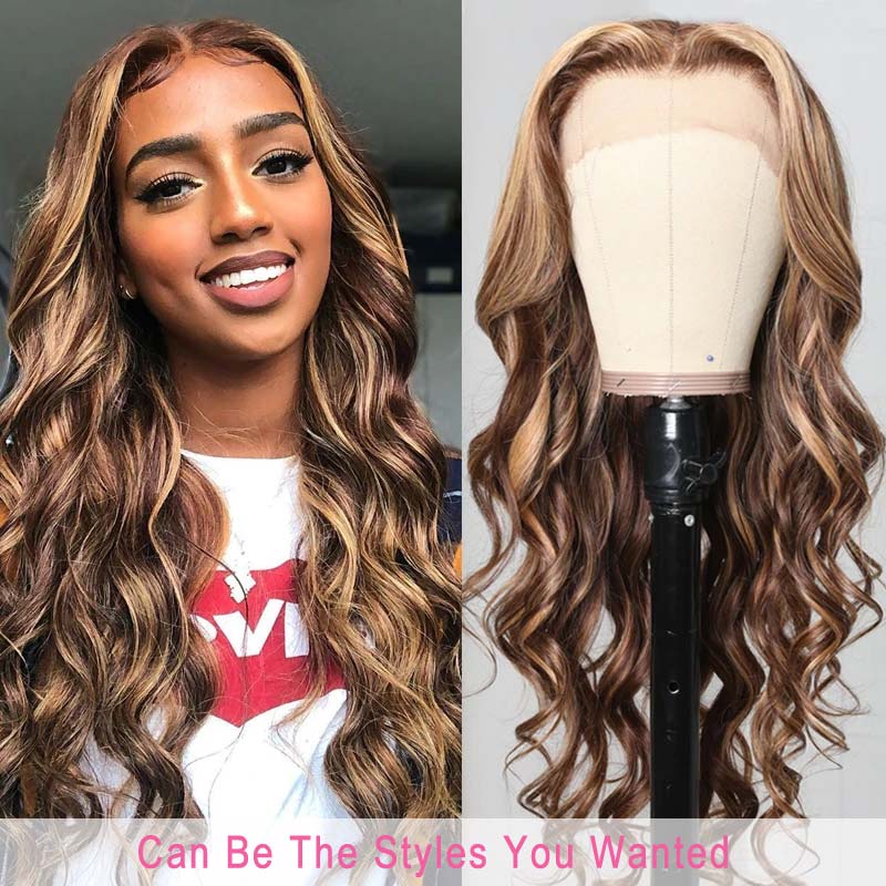 Klaiyi Honey Blonde Highlight Body Wave Human Hair Wigs Lace Closure Wig Flash Sale