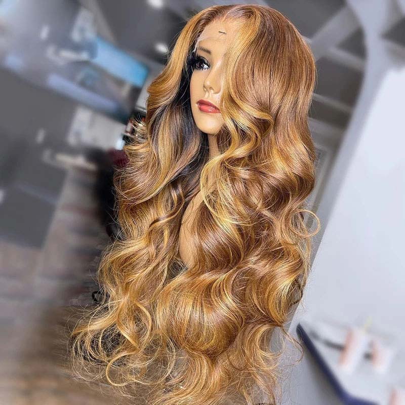 Klaiyi Honey Blonde Highlight Body Wave Human Hair Wigs Lace Closure Wig Flash Sale