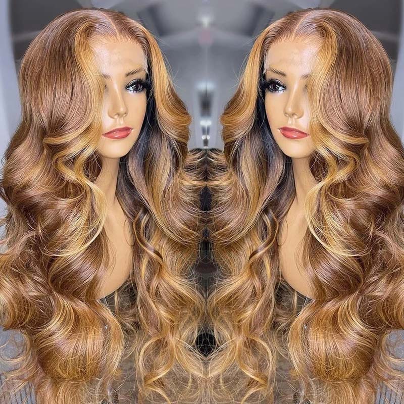 Klaiyi Honey Blonde Highlight Body Wave Human Hair Wigs Lace Closure Wig Flash Sale