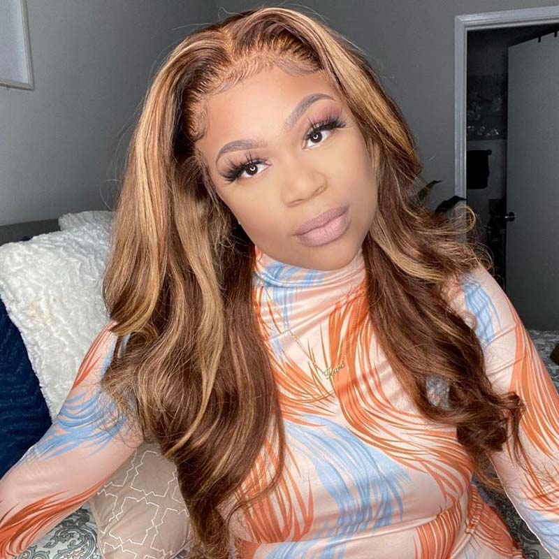 Klaiyi Honey Blonde Highlight Body Wave Human Hair Wigs Lace Closure Wig Flash Sale