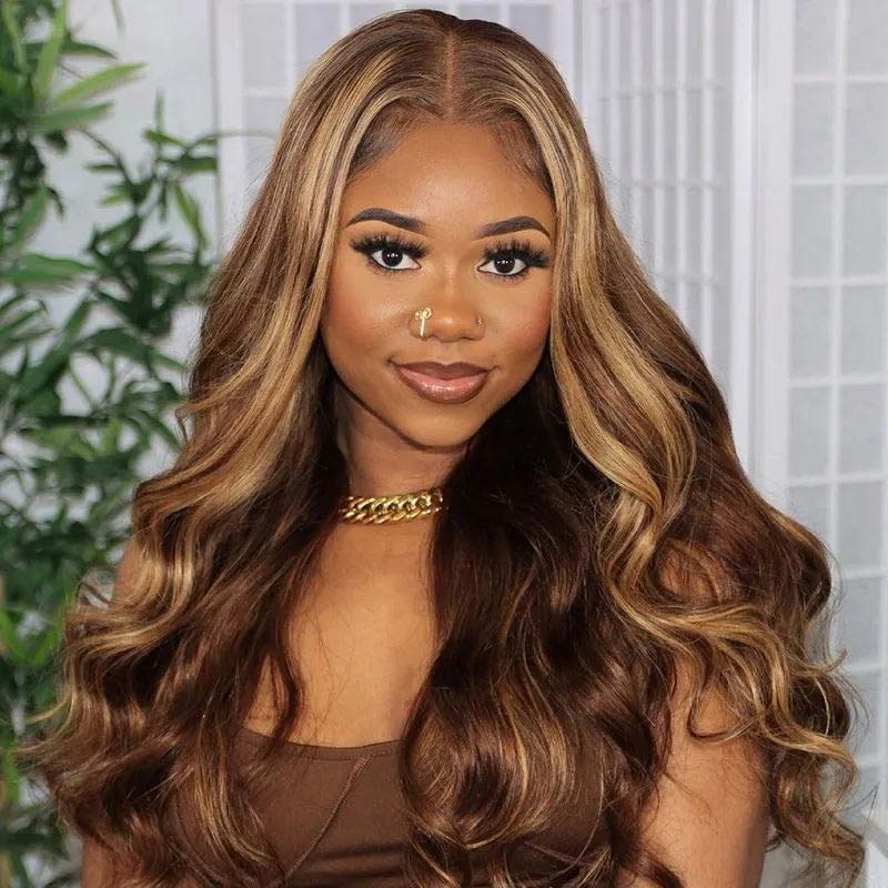 Klaiyi Honey Blonde Highlight Body Wave Human Hair Wigs Lace Closure Wig Flash Sale