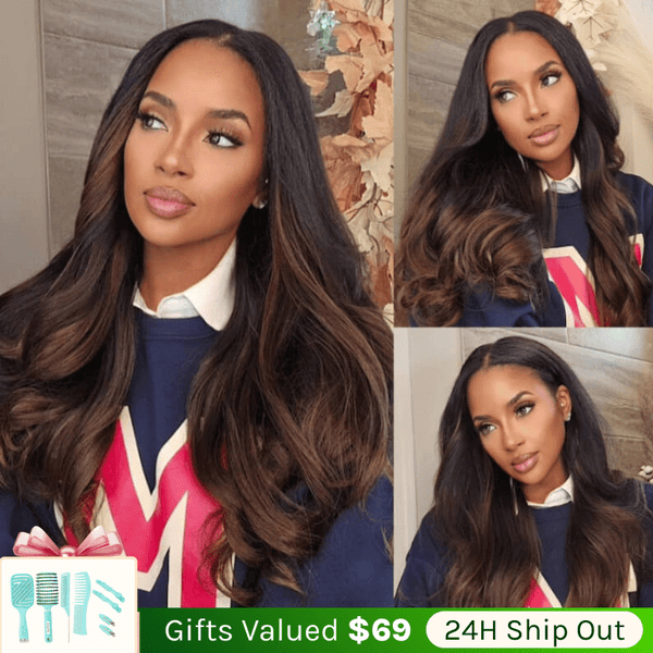 Klaiyi Ombre Chestnut Brown Yaki Straight EasiContour V Part Wigs Human Hair No Glue Protective Style Wig Flash Sale