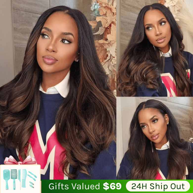Klaiyi Ombre Chestnut Brown Yaki Straight EasiContour V Part Wigs Human Hair No Glue Protective Style Wig Flash Sale