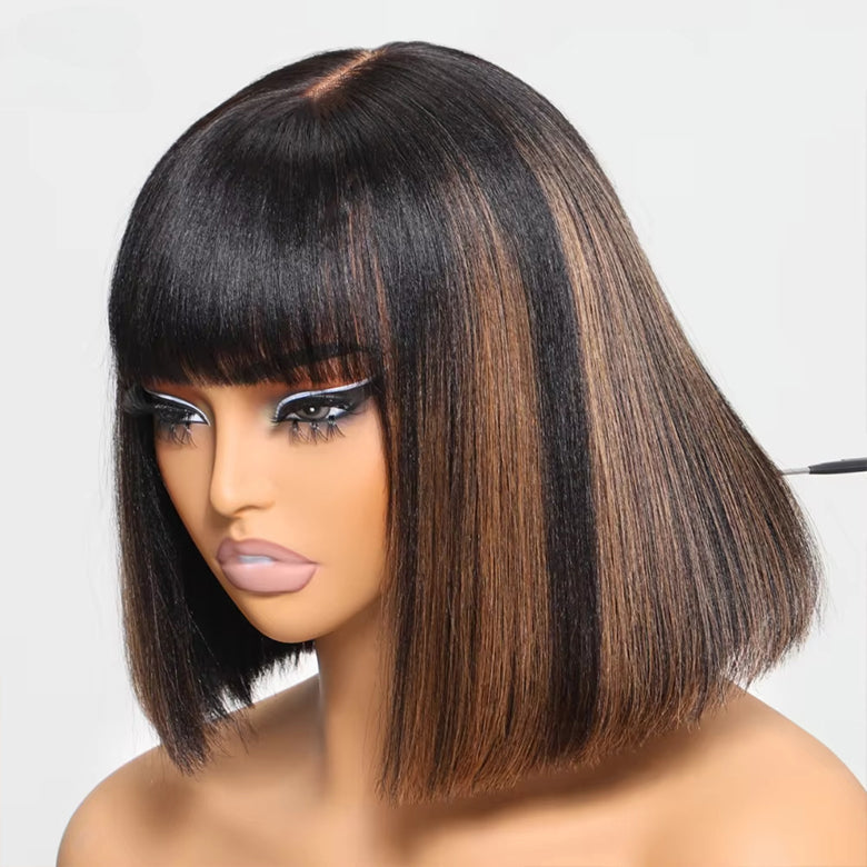 Fast Shipping| Klaiyi Yaki Straight Bob Wig with Bang 2x4 Lace Closure Wig Beginner Friendly Human Hair Wig Flash Sale