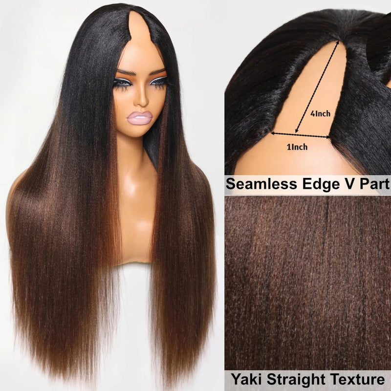 Klaiyi Ombre Chestnut Brown Yaki Straight EasiContour V Part Wigs Human Hair No Glue Protective Style Wig Flash Sale