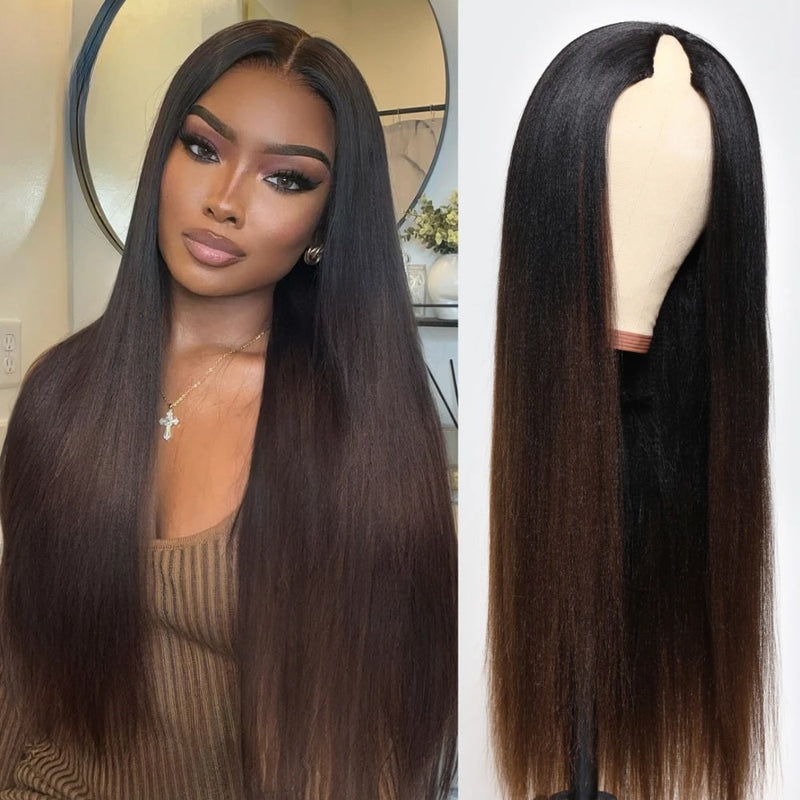 Klaiyi Ombre Chestnut Brown Yaki Straight EasiContour V Part Wigs Human Hair No Glue Protective Style Wig Flash Sale