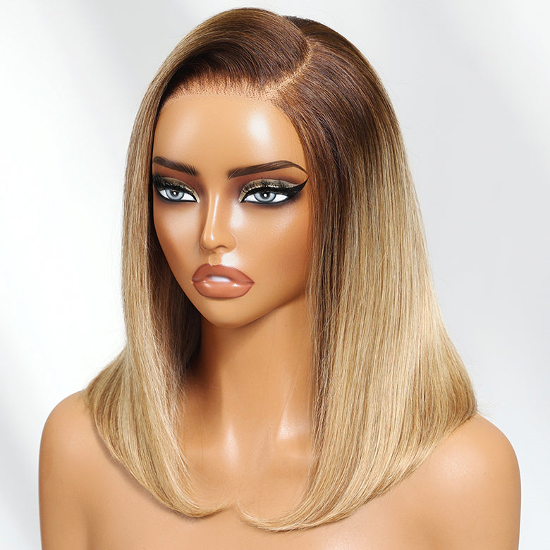 Klaiyi Tres Leches Blonde with Brown Root Bob Wigs Salt and pepper Hair Short Straight Bye-Bye Knots Wig Flash Sale