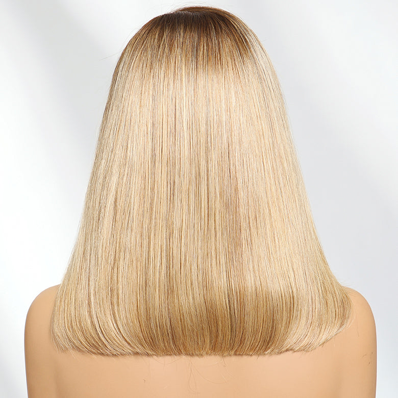 Klaiyi Tres Leches Blonde with Brown Root Bob Wigs Salt and pepper Hair Short Straight Bye-Bye Knots Wig Flash Sale